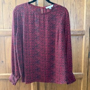 Ann Taylor LOFT Red Black Animal Print Ruffle Cuff Long Sleeve Blouse - Large